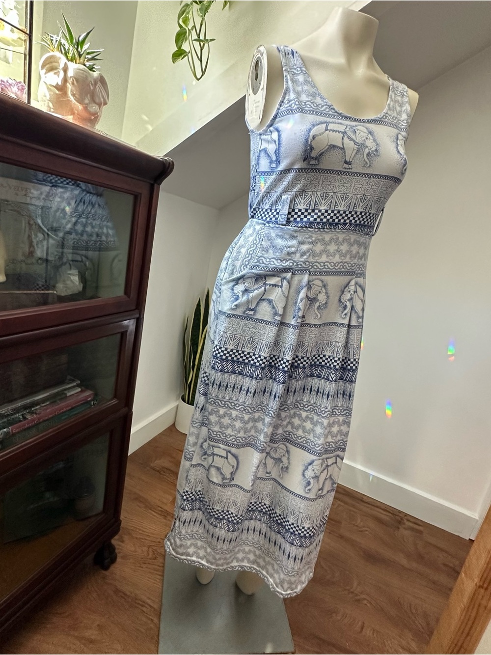 Blue & White Elephant Print Sleeveless Midi Dress